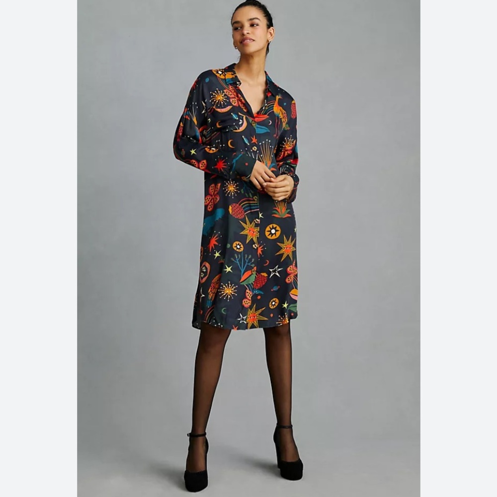Farm Rio, NWT, Black Cerrado Sky Chemise/Shirt Dress. Size M